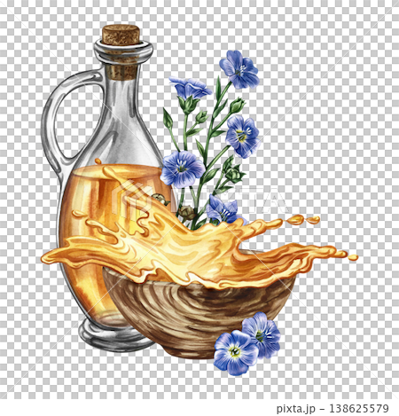 Flaxseed oil. Hand-drawn watercolor illustration. Glass bottle of oil, splash of oil in a wooden cup, and flax flowers. Element of label and packaging design, banners, posters, and more. 138625579