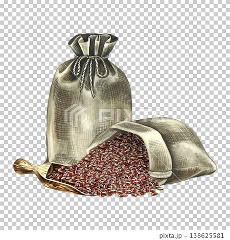 Flax seeds in jute bags and a wooden scoop. Hand-drawn watercolor illustration. Element of label and packaging design, as well as banners, posters, and more. 138625581