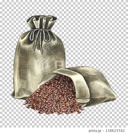 Flaxseed in burlap bags. Hand-drawn watercolor illustration. Element of label and packaging design, as well as banners, posters, and more. 138625582
