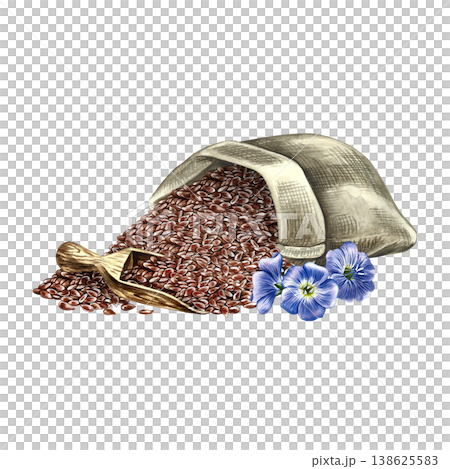 Flaxseed in a burlap bag and wooden scoop and blue flax flowers. Hand-drawn watercolor illustration. Element of design for labels and packaging, as well as banners, posters, and more. 138625583