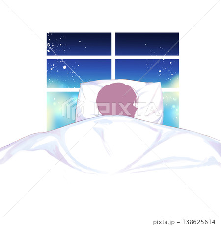ベッドでひとりで眠る男性　シルエット　窓 138625614