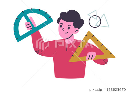 Little boy character holding triangle ruler and protractor, flat cartoon kid studying geometry. Preschool and school education, cute children learning vector illustration with grainy texture 138625670