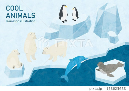 シロクマとペンギンの北極動物アイソメトリックイラスト 氷と海の風景 138625688