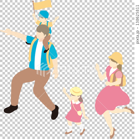 等距向量插圖，描繪了一個家庭享受家庭旅行、觀光和郊遊的場景。 138625811