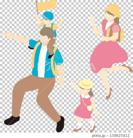 等距向量插圖，描繪了一個家庭享受家庭旅行、觀光和郊遊的場景。 138625812