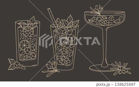 Sea Buckthorn Cocktail Glass Line Art. Drink with Berries, Ice, Mint and Lemon. Isolated Outline Hand Drawn Coloring Page. Chalkboard Beverage Menu Element on Black Background. Vector Illustration. Sea Buckthorn Cocktail Glass Line Art. Drink with Berries, Ice, Mint and Lemon. Isolated Outline Hand Drawn Coloring Page. Chalkboard Beverage Menu Element on Black Background. Vector Illustration. 138625897