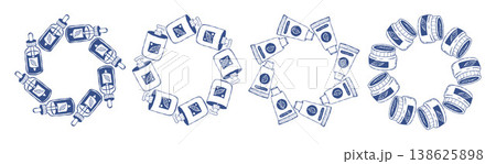 Cosmetic Products Circular Wreaths Set. Blue Line Art Skincare Frames with Dropper Bottles, Jars and Tubes. Isolated Round Beauty Templates. Outline Doodle hand-drawn. Vector Illustration 138625898