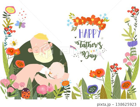 Cute Floral Frame Composed with Cartoon Father feeding Baby from Bottle 138625923