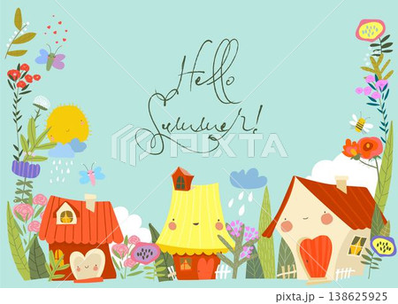Cute Cartoon Frame with Little Houses and Summer Flowers 138625925