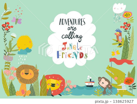 Cute Cartoon Lions With Crocodile and Monkey in Flowers Frame Cute Cartoon Lions With Crocodile and Monkey in Flowers Frame 138625927