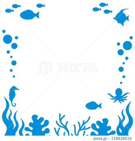 海の中の生き物　シルエット　フレーム　背景　魚　タコ　タツノオトシゴ　サンゴ　飾り　イラスト素材 138626018
