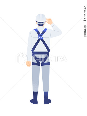 フルハーネスを着用した男性。ヘルメットのつばに手を添える作業員の後ろ姿。全身ベクターイラスト素材。 フルハーネスを着用した男性。ヘルメットのつばに手を添える作業員の後ろ姿。全身ベクターイラスト素材。 138626321