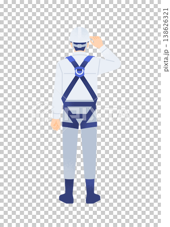 フルハーネスを着用した男性。ヘルメットのつばに手を添える作業員の後ろ姿。全身ベクターイラスト素材。 フルハーネスを着用した男性。ヘルメットのつばに手を添える作業員の後ろ姿。全身ベクターイラスト素材。 138626321