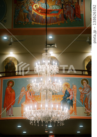 Crystal Chandelier And Byzantine Murals In Orthodox Sanctuary Crystal Chandelier And Byzantine Murals In Orthodox Sanctuary 138626392