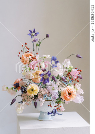 Beautiful Pastel Blossoms Creating Romantic Wedding Decoration Arrangement Beautiful Pastel Blossoms Creating Romantic Wedding Decoration Arrangement 138626413