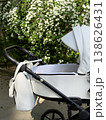 White baby stroller by blooming spring shrub outdoors 138626431