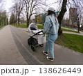 Woman walking with baby stroller in urban park 138626449