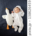 Newborn baby in white hooded onesie with plush goose toy 138626459