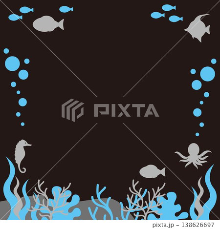 夏の深海イメージ　魚やタコのシルエット フレーム　背景素材　テンプレート　デザイン　イラスト素材 138626697