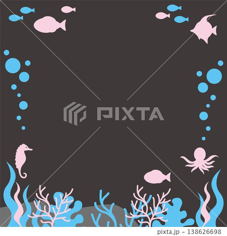 夏の深海イメージ　魚やタコのシルエット フレーム　背景素材　テンプレート　デザイン　イラスト素材 138626698