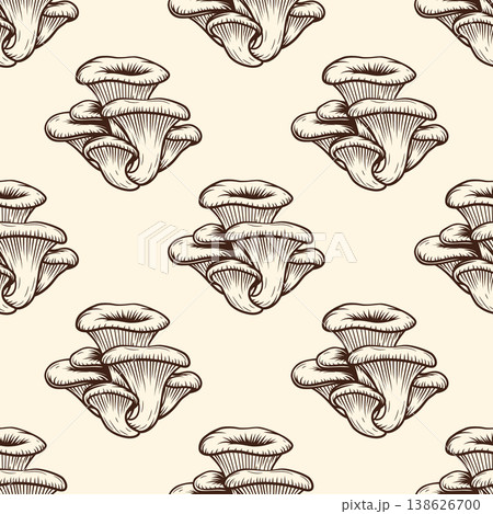 Oyster Mushroom Sketch, Seamless Pattern. Vector Hand Drawn Pleurotus Mushroom Cluster in Engraving Style. Black and White Vintage Line Art for Botanical Design, Food Packaging, Print 138626700