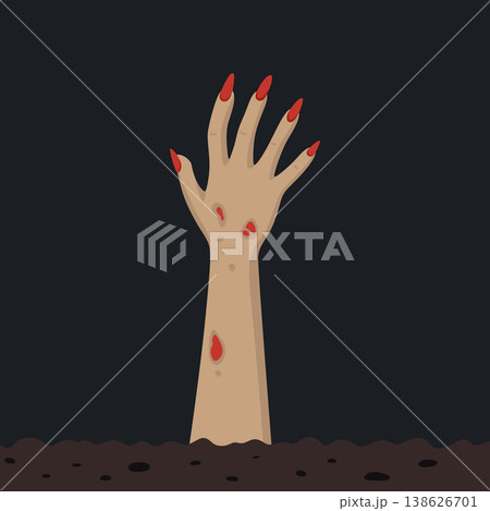 Zombie Hand Rising From Grave at Night, Vector Illustration. Spooky Halloween Concept with Creepy Arm Emerging From Ground. Horror Illustration, Scary Poster and Halloween Party Decoration Design Zombie Hand Rising From Grave at Night, Vector Illustration. Spooky Halloween Concept with Creepy Arm Emerging From Ground. Horror Illustration, Scary Poster and Halloween Party Decoration Design 138626701