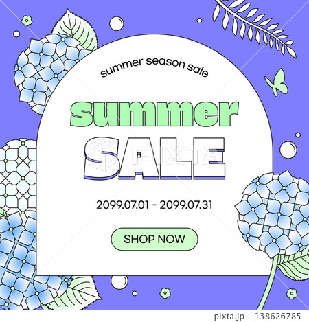 Summer Sale Banner with Blue Hydrangea Flowers and Floral Elements Summer Sale Banner with Blue Hydrangea Flowers and Floral Elements 138626785