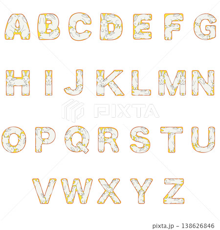 かわいいうさぎをモチーフにしたアルファベットのイラストセットです。AからZまでの英字を、やわらかいフ 138626846