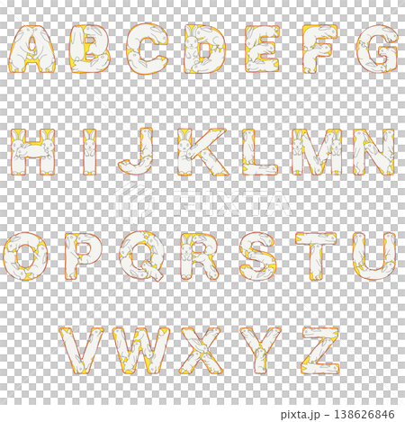 かわいいうさぎをモチーフにしたアルファベットのイラストセットです。AからZまでの英字を、やわらかいフ 138626846