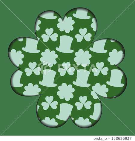Quatrefoil leaf Paper Cut effect with patterned backdrop of clover leaves and leprechaun hats. Decor. Vector illustration St Patrick Day Greetings Thematic Cards Design element Promo Banners, leaflets Quatrefoil leaf Paper Cut effect with patterned backdrop of clover leaves and leprechaun hats. Decor. Vector illustration St Patrick Day Greetings Thematic Cards Design element Promo Banners, leaflets 138626927