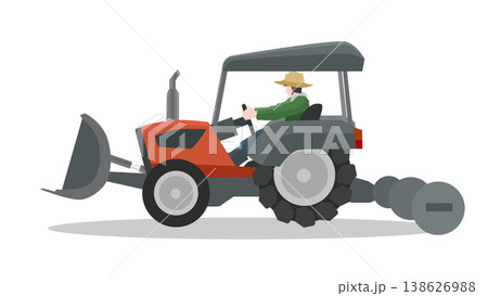 Object or textured of tractor car with driving man. Install a soil shovel along with a three stage plow for preparing agricultural land. with shadow on white backgrond. 138626988