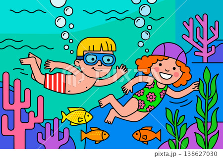 Cartoon Kids Swimming Underwater 138627030