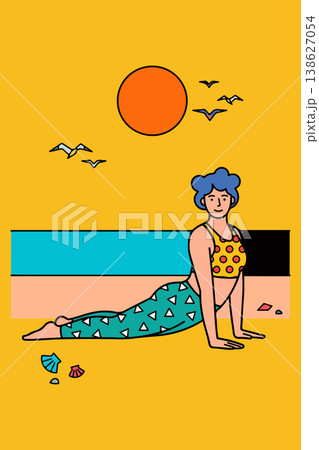 Woman in Cobra Pose on Beach Woman in Cobra Pose on Beach 138627054