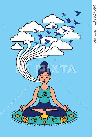 Meditating Woman with Birds and Clouds Meditating Woman with Birds and Clouds 138627064