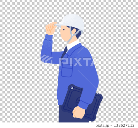 一幅向量插圖,描繪了一名男性建築工地主管的上半身側面像,他手持平板電腦,一隻手放在頭盔邊緣。 一幅向量插圖,描繪了一名男性建築工地主管的上半身側面像,他手持平板電腦,一隻手放在頭盔邊緣。 138627112