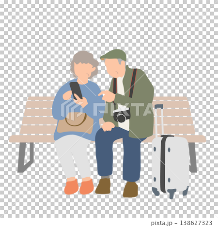Illustration of a senior couple using their smartphones: An elderly person checking their smartphone while resting on a bench. 138627323