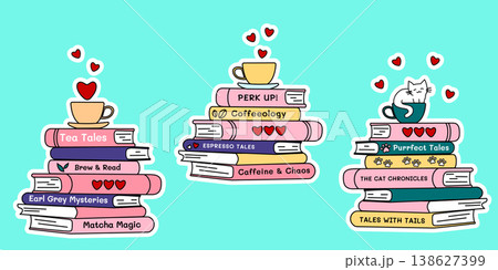 Vector sticker pack featuring stacks of books with hearts and cups, whimsical reading concept for printable decals digital planners and stationery design scrapbooking and social media 138627399