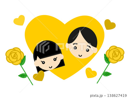 黄色いバラのハートフレームと笑顔の父娘 父の日 感謝のイラスト素材 138627419