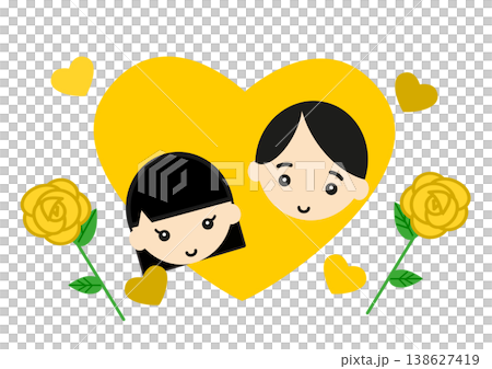 黄色いバラのハートフレームと笑顔の父娘 父の日 感謝のイラスト素材 138627419