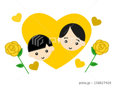 黄色いバラのハートフレームと笑顔のお父さんと男の子 父の日 感謝のイラスト素材 138627420
