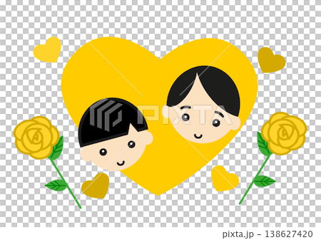 A heart-shaped frame with yellow roses and a smiling father and boy - Father's Day illustration to express gratitude. 138627420