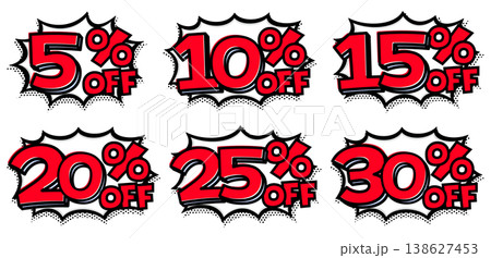 5%から30%OFFのセール文字セット。白いギザギザ吹き出しと赤文字のポップな値札アイコン。 138627453