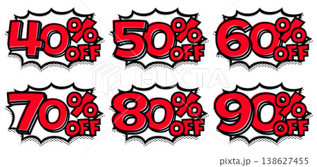 40%から90%OFFの特大セールセット。ギザギザ吹き出しと赤文字の目立つ爆発ロゴアイコン。 138627455