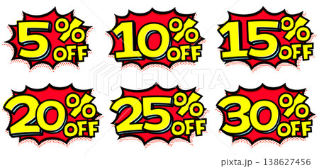 5%から30%OFFのセール文字セット。黄色いギザギザ吹き出しと黄色文字のポップな値札アイコン。 5%から30%OFFのセール文字セット。黄色いギザギザ吹き出しと黄色文字のポップな値札アイコン。 138627456