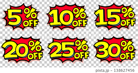 一組促銷文字,標明折扣幅度為5%至30%。採用流行風格的價簽圖標,配上黃色鋸齒狀對話氣泡和黃色文字。 一組促銷文字,標明折扣幅度為5%至30%。採用流行風格的價簽圖標,配上黃色鋸齒狀對話氣泡和黃色文字。 138627456