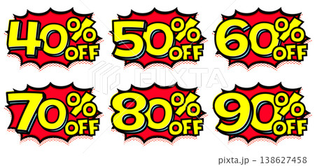 40%から90%OFFの特大セールセット。ギザギザ吹き出しと黄色文字の目立つ爆発ロゴアイコン。 138627458