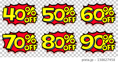40%から90%OFFの特大セールセット。ギザギザ吹き出しと黄色文字の目立つ爆発ロゴアイコン。 138627458