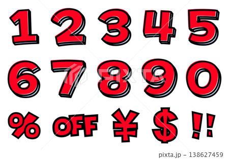 セールの数字・記号セット。赤い文字と黒太線の0-9、%、OFF、¥、$、!!。ポップな広告用素材。 セールの数字・記号セット。赤い文字と黒太線の0-9、%、OFF、¥、$、!!。ポップな広告用素材。 138627459