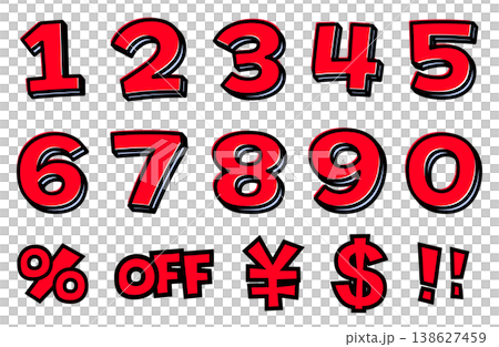 A set of sale numbers and symbols. Red text with thick black outlines: 0-9, %, OFF, ¥, $, !!. Pop-art style advertising material. A set of sale numbers and symbols. Red text with thick black outlines: 0-9, %, OFF, ¥, $, !!. Pop-art style advertising material. 138627459