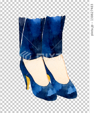A hand-drawn watercolor illustration of a woman's feet (wearing pants) in high heels and pumps. A hand-drawn watercolor illustration of a woman's feet (wearing pants) in high heels and pumps. 138627483